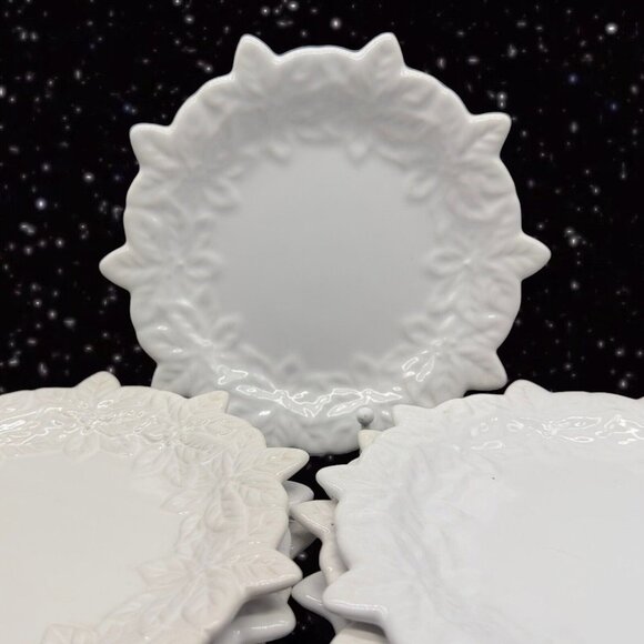 Temp-tations Poinsettia Plate By Tara White Ceramic Flower Pointy Dish set 7 pcs - Picture 2 of 8